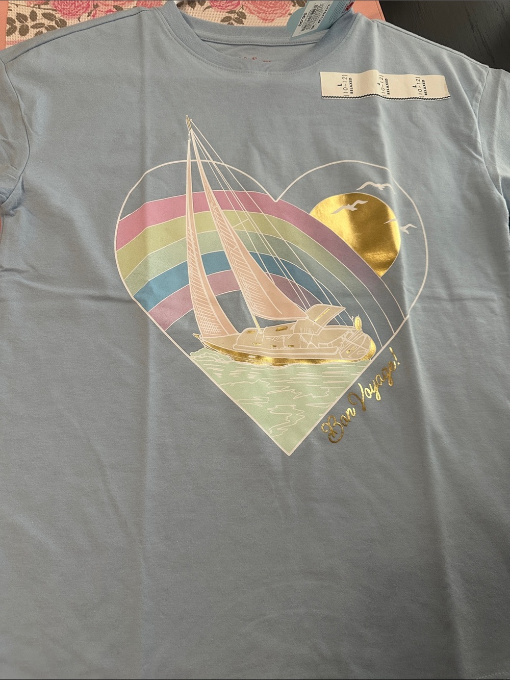 Kids Light Blue 'Bon Voyage' Graphic Tee Sz 10/12 girls NWT
